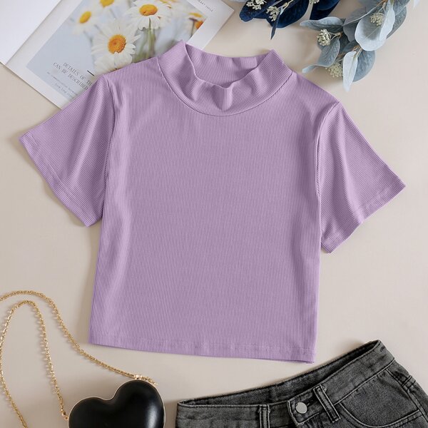 

Mock Neck Rib-knit Crop Tee, Lilac purple