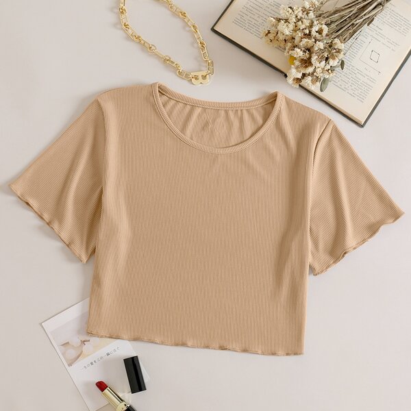 

Rib-knit Lettuce Trim Crop Tee, Khaki