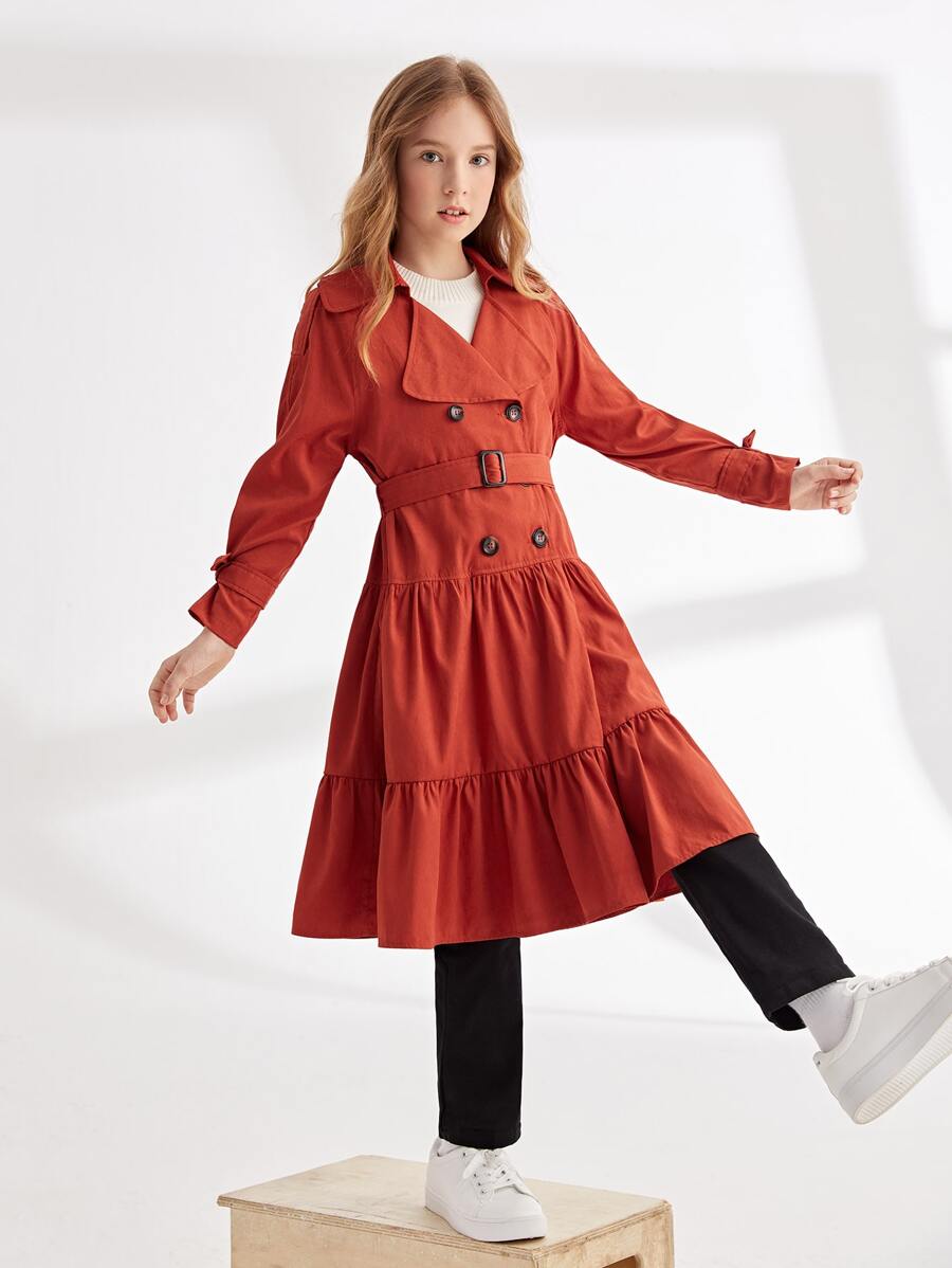 SHEIN Girls Notch Neck Ruffle Hem Buckle Belted Trench Coat - Burnt Orange - View 1