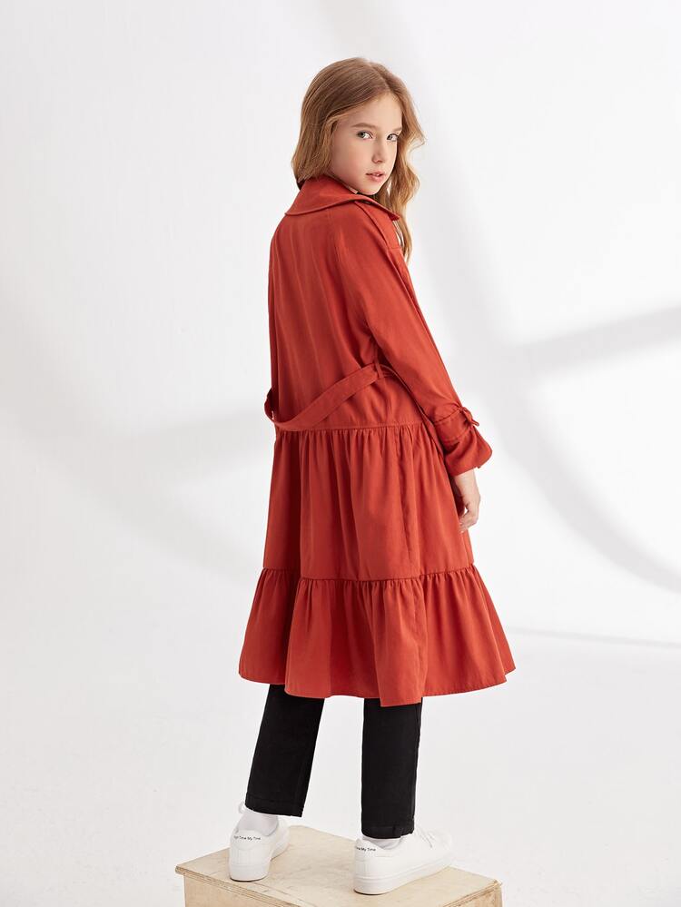 SHEIN 女孩缺口V領荷葉邊金屬扣環腰帶風衣外套 - 亮橙色 - 查看 2