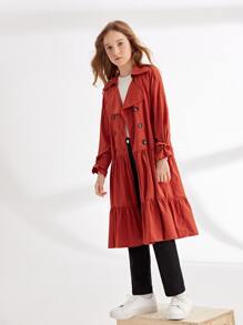 SHEIN Girls Notch Neck Ruffle Hem Buckle Belted Trench Coat - Burnt Orange - View 4