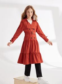 SHEIN Girls Notch Neck Ruffle Hem Buckle Belted Trench Coat - Burnt Orange - View 5