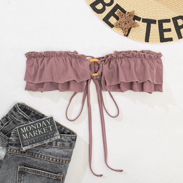 

Ring Linked Ruffle Bandeau Bikini Top, Dusty pink