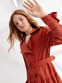SHEIN Girls Notch Neck Ruffle Hem Buckle Belted Trench Coat - Burnt Orange - View 6