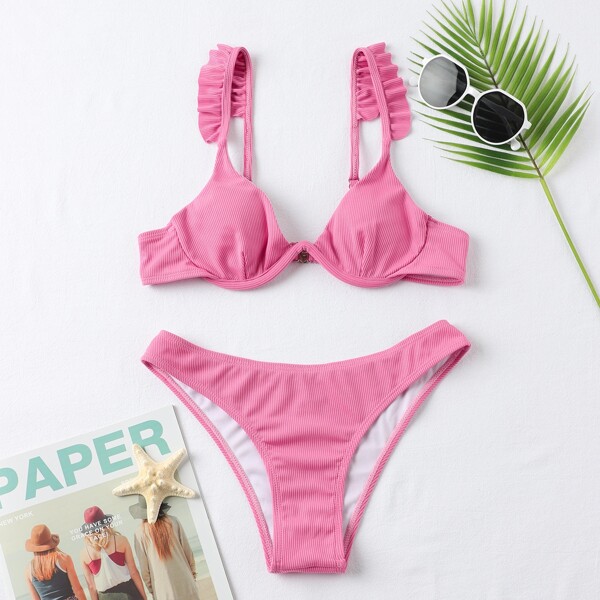 

Rib Ruffle Underwire Bikini Swimsuit, Hot pink