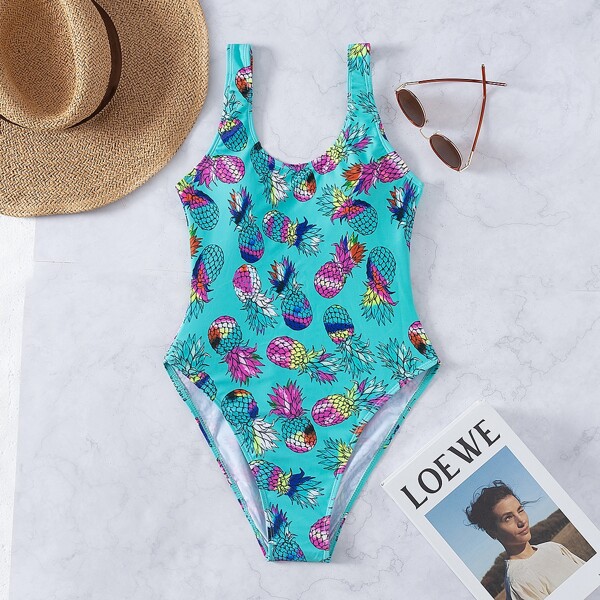 

Pineapple Print One Piece Swimsuit, Multicolor