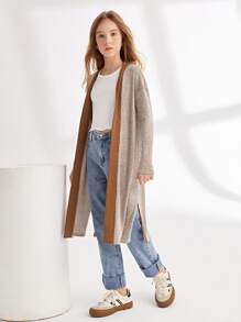 SHEIN Girls Drop Shoulder Split Hem Colourblock Coat - Khaki - View 1