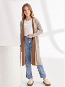 SHEIN Girls Drop Shoulder Split Hem Colourblock Coat - Khaki - View 4