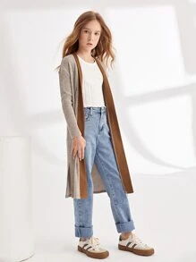 SHEIN Girls Drop Shoulder Split Hem Colourblock Coat - Khaki - View 5