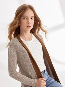 SHEIN Girls Drop Shoulder Split Hem Colourblock Coat - Khaki - View 6