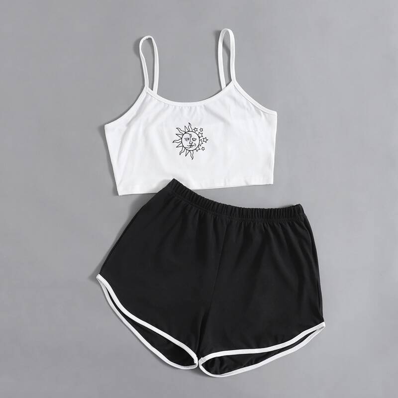 

Sun & Moon Graphic Crop Cami & Dolphin Shorts, Black and white