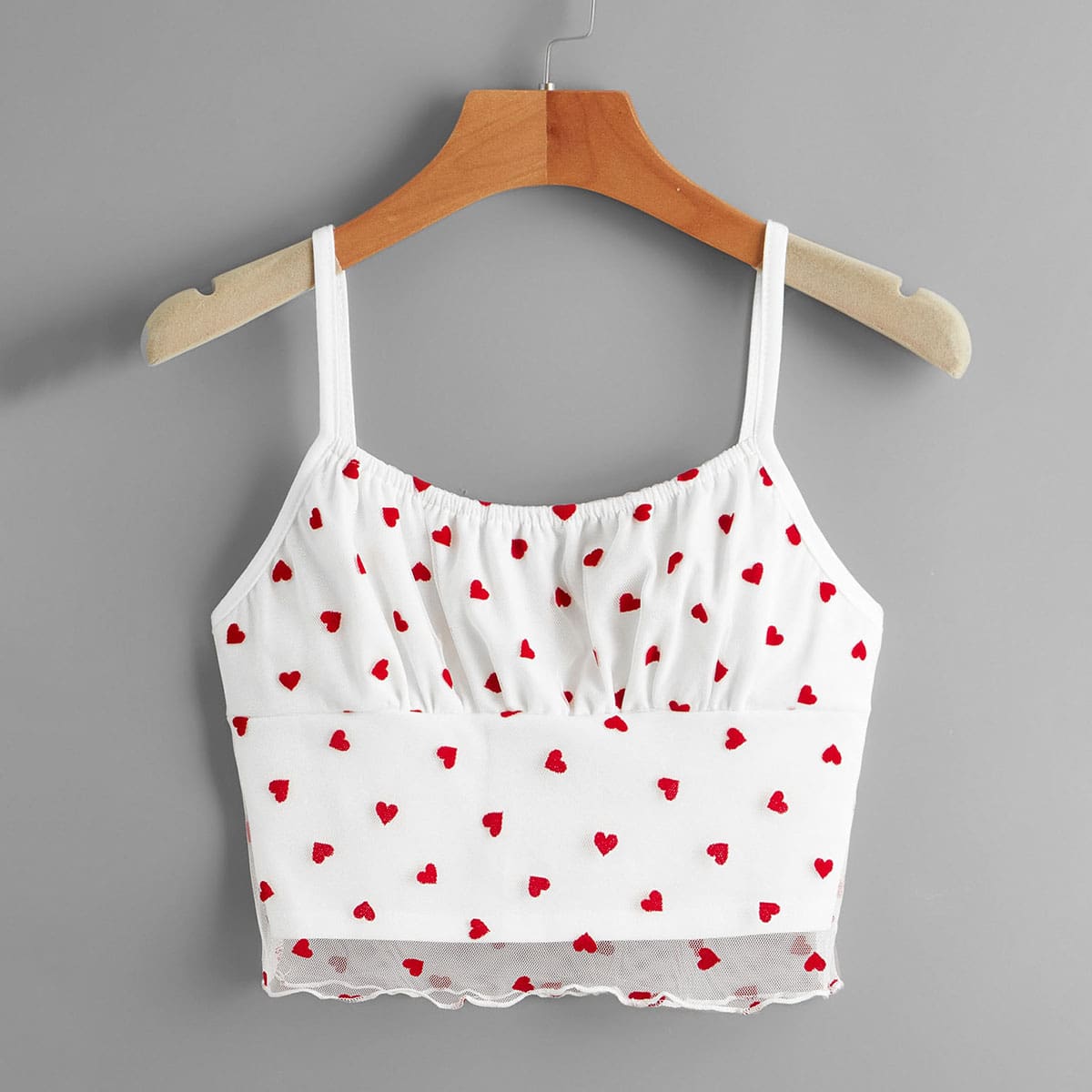 

Contrast Mesh Heart Graphic Crop Cami, Red and white