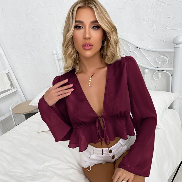 

Tie Front Ruffle Hem Bell Sleeve Top, Burgundy