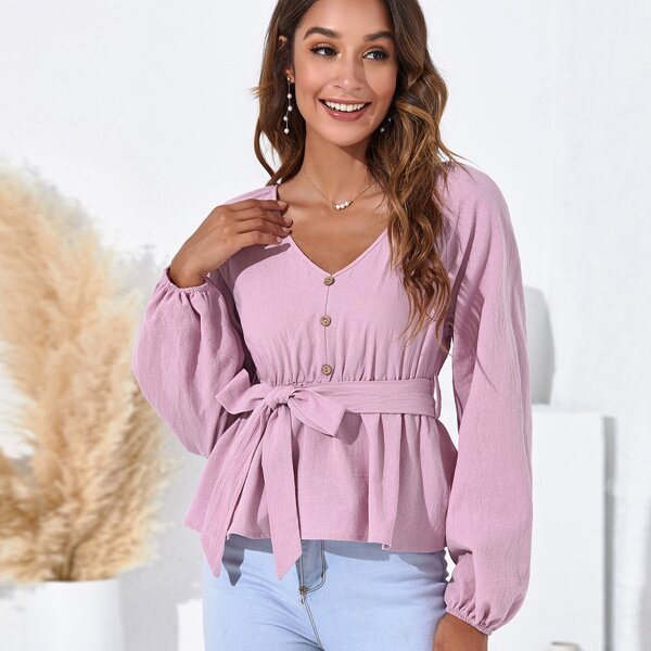 

Button Up Blouson Sleeve Tie Front Top, Baby pink