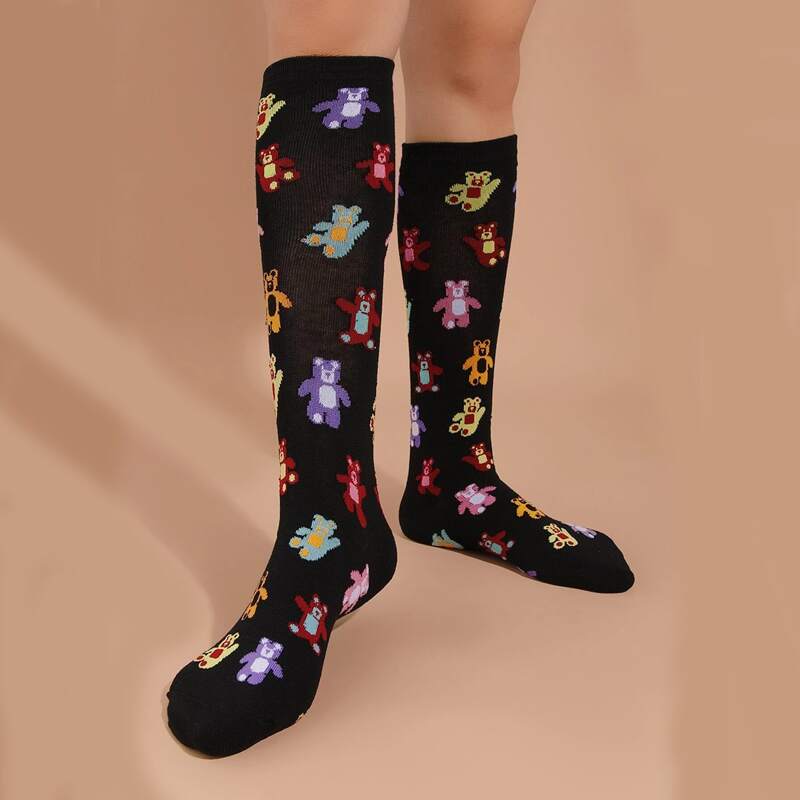 

Bear Graphic Over The Calf Socks, Black