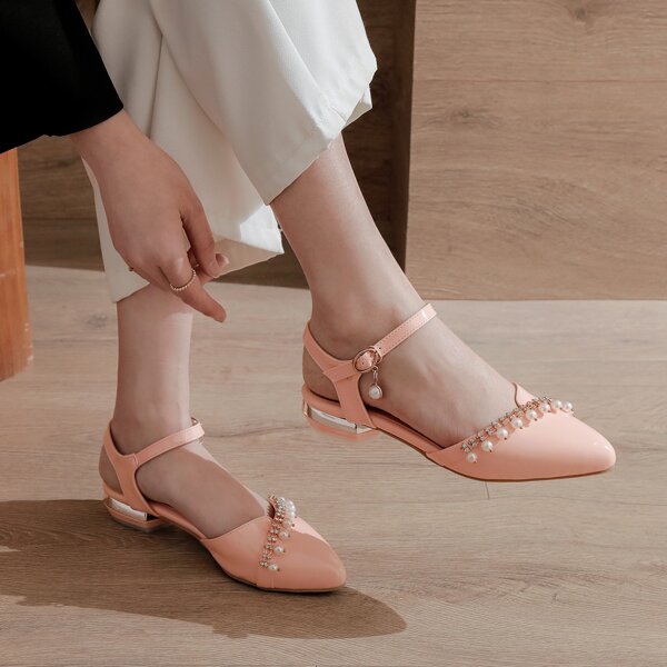 

Faux Pearl Decor Ankle Strap Flats, Pink