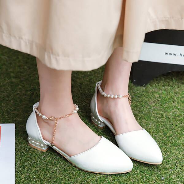

Faux Pearl Decor Ankle Strap Flats, White