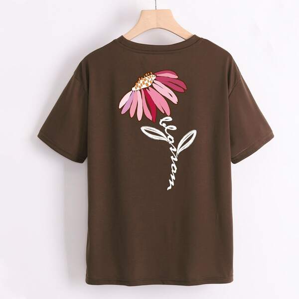 

Drop Shoulder Floral Print Tee, Coffee brown
