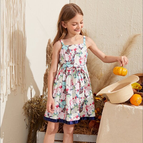 

Girls Allover Butterfly Print Belted Cami Dress, Multicolor