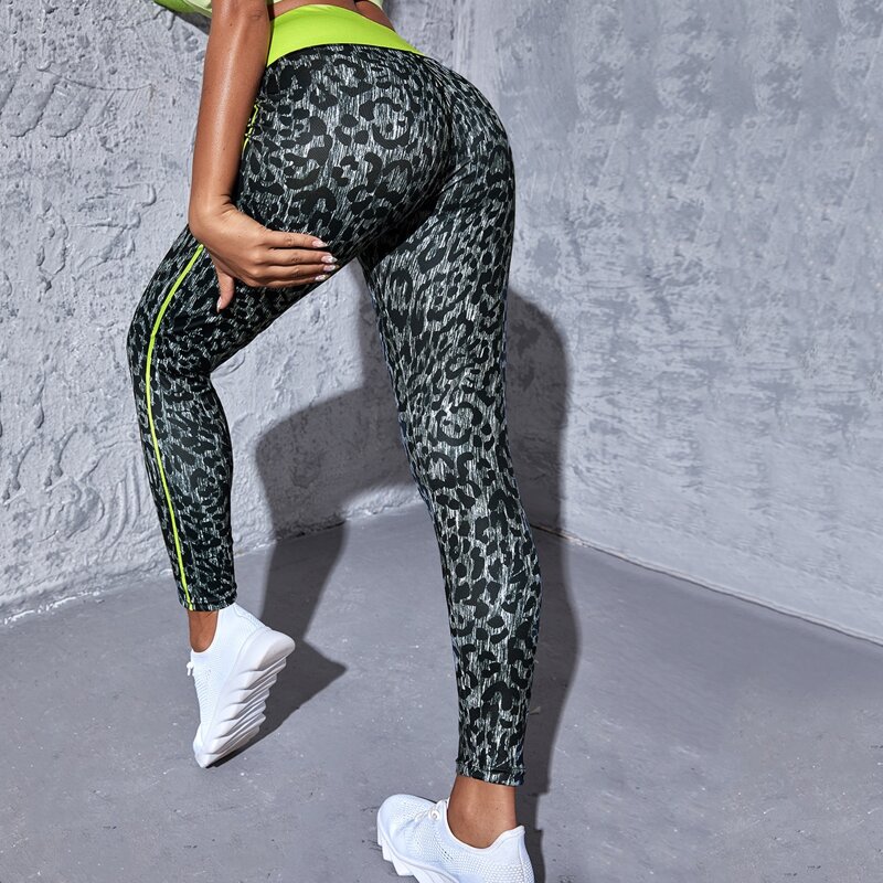 

Leopard Contrast Piping Sports Leggings, Multicolor
