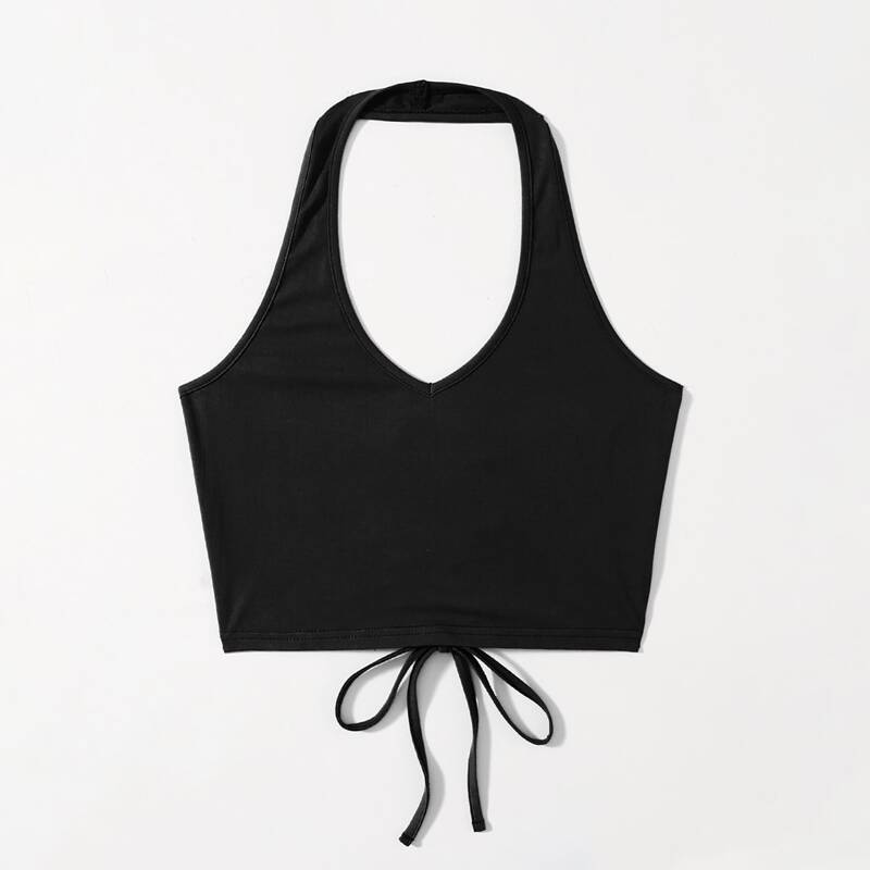 

Solid Lace Up Halter Top, Black
