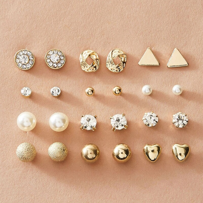 

12pairs Rhinestone Stud Earrings, Gold