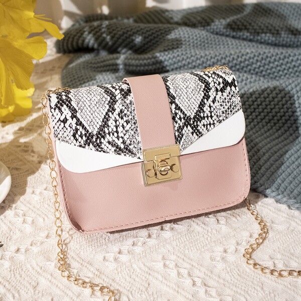

Snakeskin Print Twist Lock Chain Bag, Pink