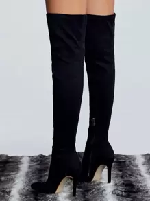 秋冬女士纯色简约高跟侧拉链靴，休闲日常穿着，性感 - 黑色 - 查看 7