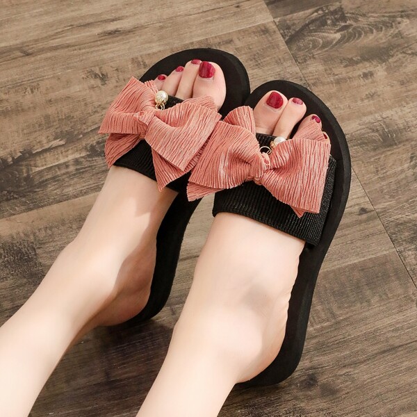 

Bow & Faux Pearl Decor Slides, Pink