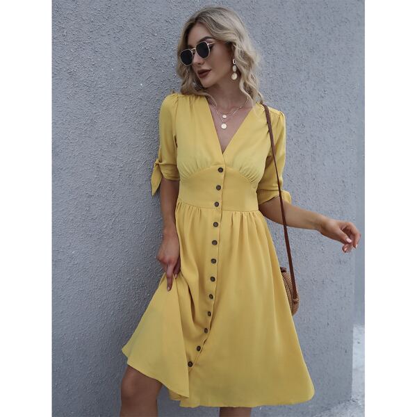 

V-neck Button Front Knot Cuff A-line Dress, Yellow