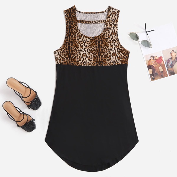 

Plus Curved Hem Contrast Leopard Tank Top, Black