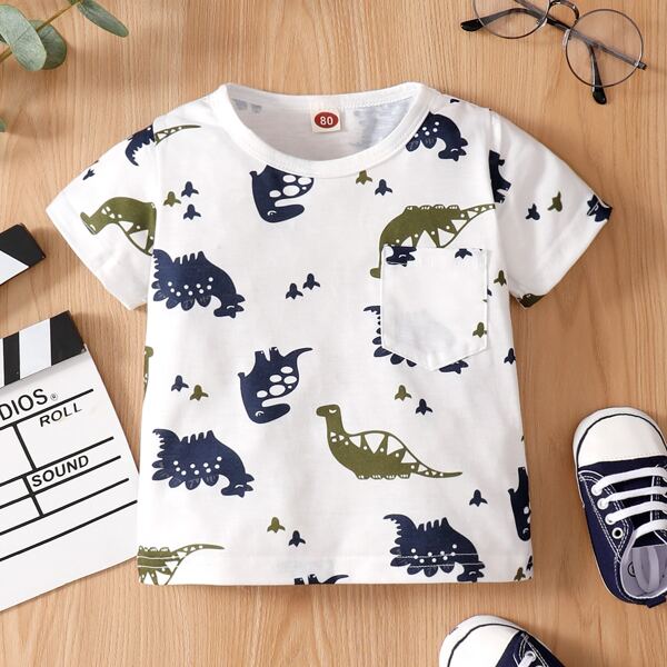 

Baby Boy Cartoon Dinosaur Print Tee, White