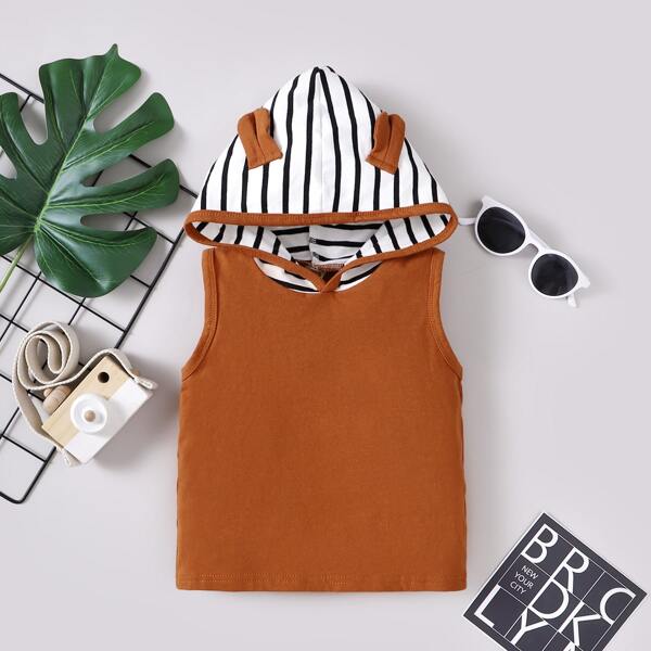 

Baby Boy Patched Striped Hooded Tee, Brown