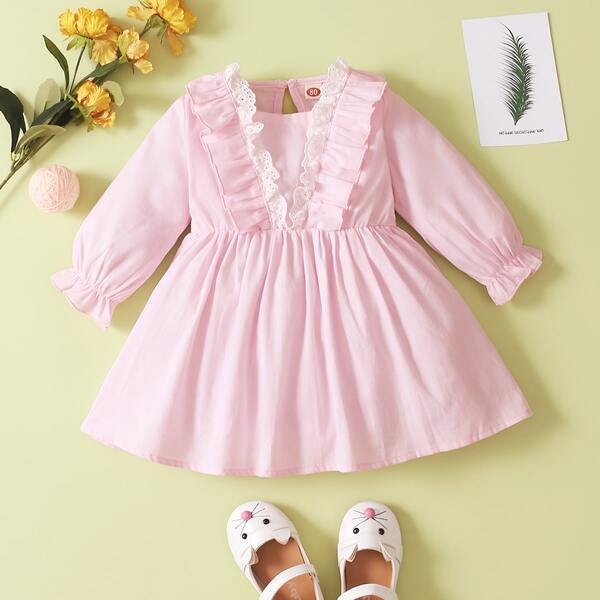 

Baby Girl Ruffle Trim Flared Dress, Baby pink
