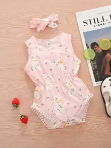 女嬰兔子印花蕾絲花邊背心連體衣帶髮箍
