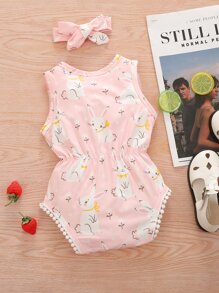 女嬰兔子印花蕾絲花邊背心連體衣帶髮箍