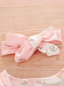 女嬰兔子印花蕾絲花邊背心連體衣帶髮箍