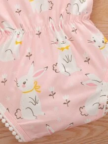 女嬰兔子印花蕾絲花邊背心連體衣帶髮箍