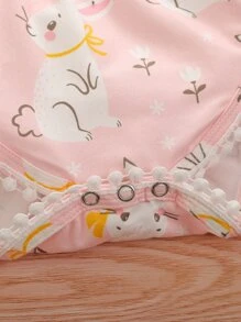 女嬰兔子印花蕾絲花邊背心連體衣帶髮箍