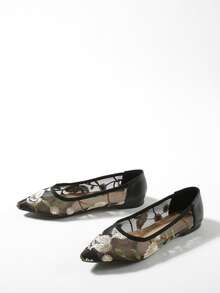 花卉刺繡尖頭芭蕾平底鞋 - 黑色 - 查看 2