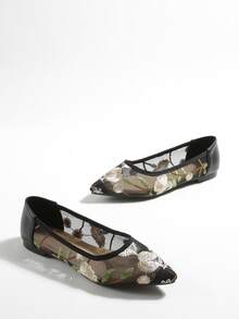 花卉刺繡尖頭芭蕾平底鞋 - 黑色 - 查看 5