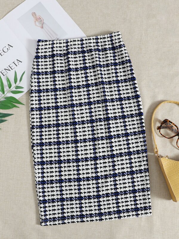 SHEIN Clasi Elastic Waist Houndstooth Print Skirt