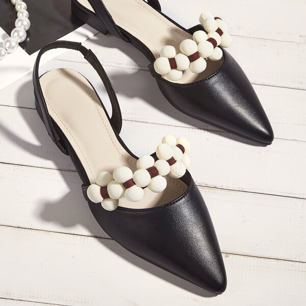

Applique Point Toe Slingback Flats, Black
