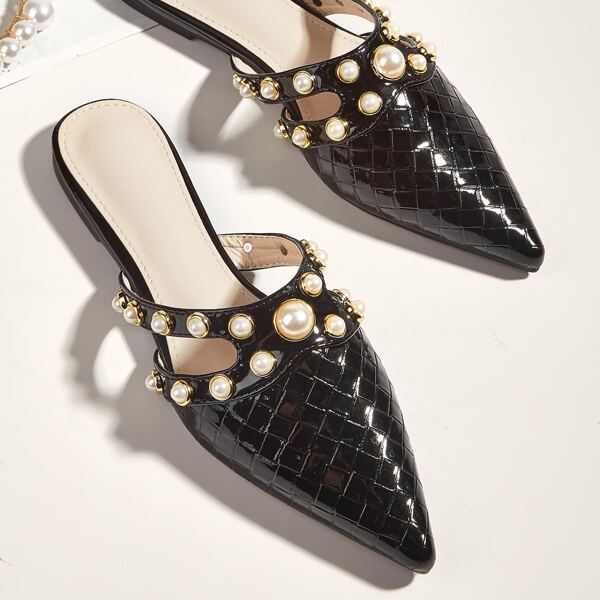 

Faux Pearl Decor Point Toe Flat Mules, Black