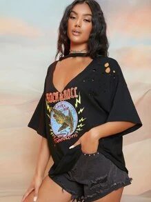 SHEIN Rock & Roll Graphic Cutout Oversized Tee - Black - View 3
