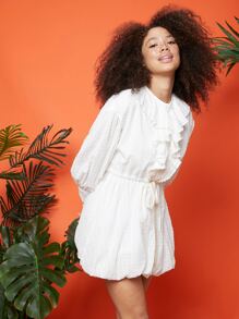 SHEIN VCAY Jabot Collar Lantern Sleeve Drawstring Waist Swiss Dot Dress Without Vest - White - View 5