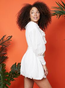 SHEIN VCAY Jabot Collar Lantern Sleeve Drawstring Waist Swiss Dot Dress Without Vest - White - View 6