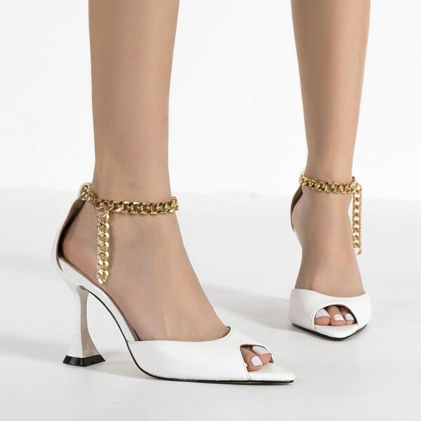 

Peep Toe Chain Decor Heels, White