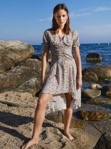 SHEIN VCAY Ditsy Floral Flounce Sleeve High-low Hem Ruched Dress - Multicolor - View 1