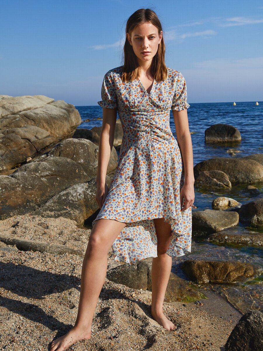 SHEIN VCAY Ditsy Floral Flounce Sleeve High-low Hem Ruched Dress - Multicolor - View 1